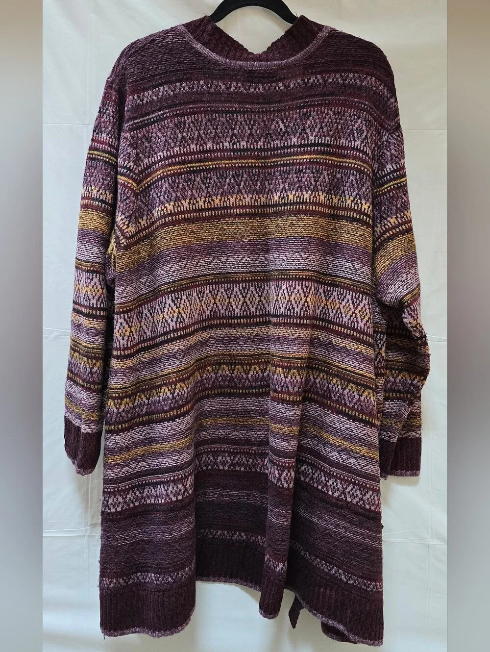 CJ Banks Fair Isle Open Front Cardigan Sweater 3X Burgundy Mustard Boho PlusSize